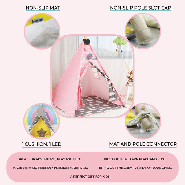 Kid’s Portable Teepee Tents with Cushion, Led Light and Non-Slip Padded Mat, Play Tent, Indoor & Outdoor Playhouse Tents for Childrens ( Pink Cloud )