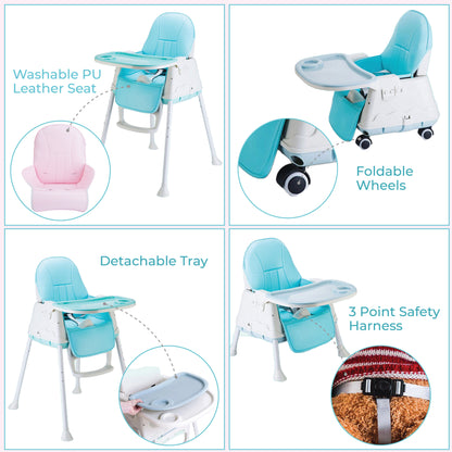 3 in 1 High Chair for Baby Kids, Feeding Booster Seat with Wheel and Cushion Age 12M- 2 Years (Blue)
