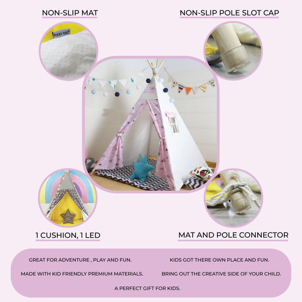 Kid’s Portable Teepee Tents with Cushion, Led Light and Non-Slip Padded Mat, Play Tent, Indoor & Outdoor Playhouse Tents for Childrens ( Pink & White )