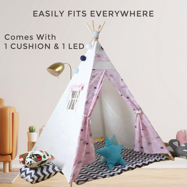 Kid’s Portable Teepee Tents with Cushion, Led Light and Non-Slip Padded Mat, Play Tent, Indoor & Outdoor Playhouse Tents for Childrens ( Pink & White )