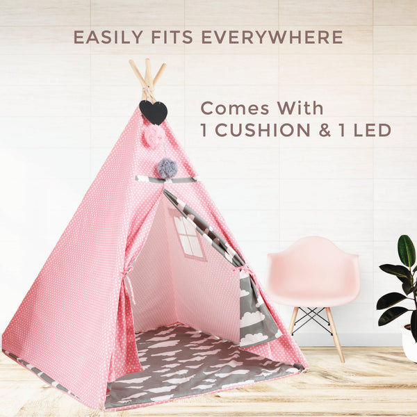 Kid’s Portable Teepee Tents with Cushion, Led Light and Non-Slip Padded Mat, Play Tent, Indoor & Outdoor Playhouse Tents for Childrens ( Pink Cloud )