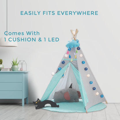 Kid’s Portable Teepee Tents with Cushion, Led Light and Non-Slip Padded Mat, Play Tent, Indoor & Outdoor Playhouse Tents for Childrens (Green Polka )