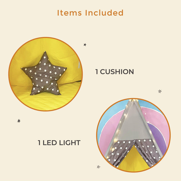 Kid’s Portable Teepee Tents with Cushion, Led Light and Non-Slip Padded Mat, Play Tent, Indoor & Outdoor Playhouse Tents for Children ( Yellow Star )