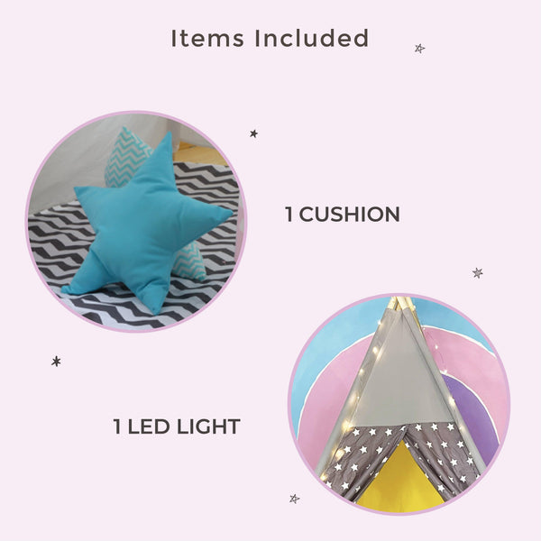 Kid’s Portable Teepee Tents with Cushion, Led Light and Non-Slip Padded Mat, Play Tent, Indoor & Outdoor Playhouse Tents for Childrens ( Pink & White )