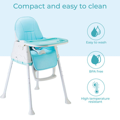 3 in 1 High Chair for Baby Kids, Feeding Booster Seat with Wheel and Cushion Age 12M- 2 Years (Blue)
