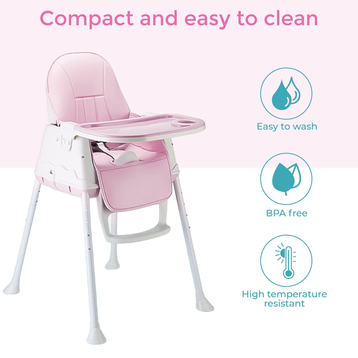 3 in 1 High Chair for Baby Kids, Feeding Booster Seat with Wheel and Cushion Age 12M- 2 Years (Pink)