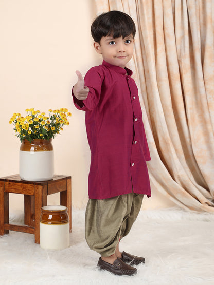 Polka Tots Full Sleeve Solid Kurta with Dhoti Set with Contrast Pocket - Maroon