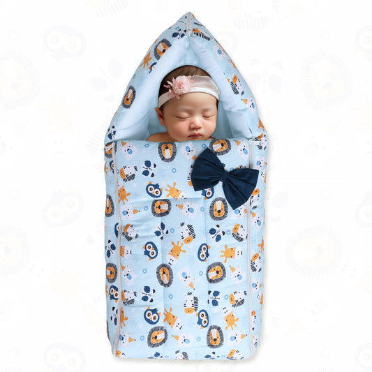 Polka Tots Baby Sleeping Nest Cotton Carry Pod Bedding for Newborn Sleeping Bag with a Bow - Lion print Blue