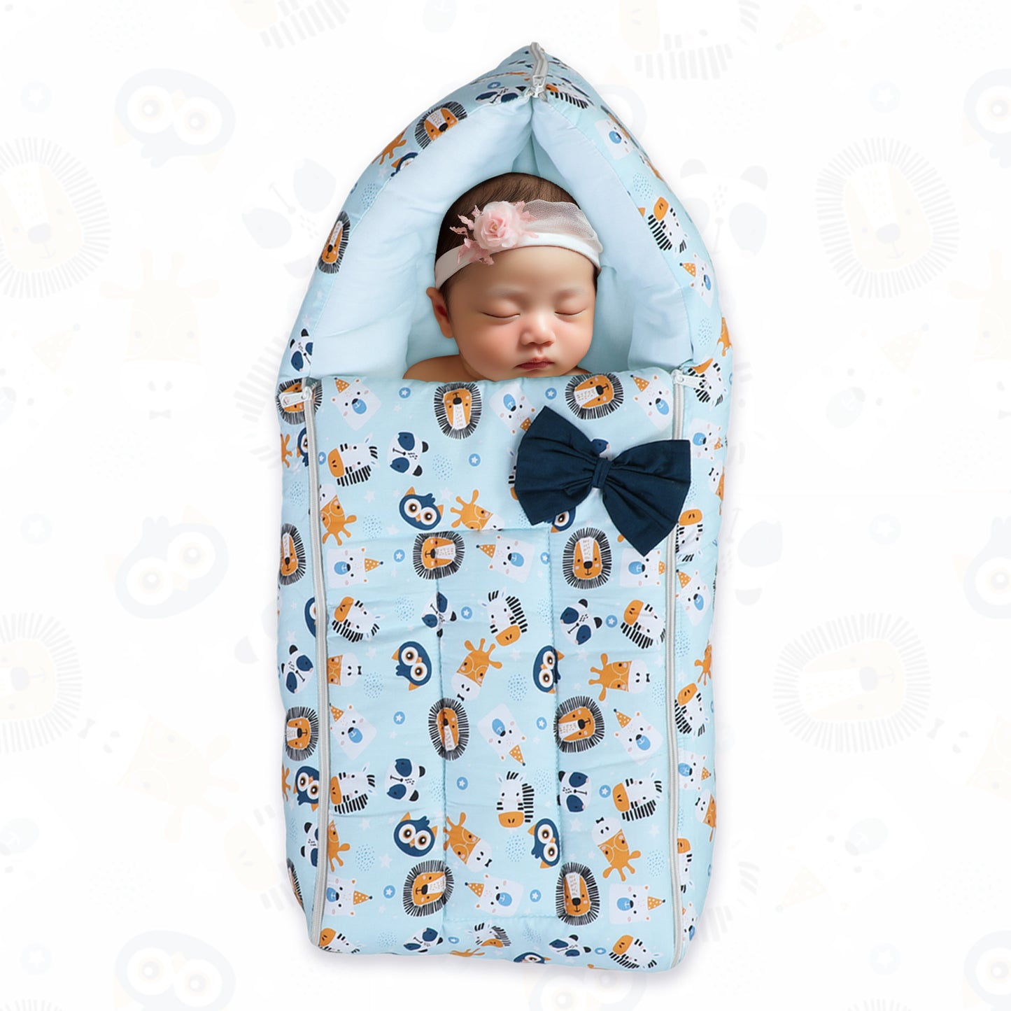 Polka Tots Baby Sleeping Nest Cotton Carry Pod Bedding for Newborn Sleeping Bag with a Bow - Lion print Blue