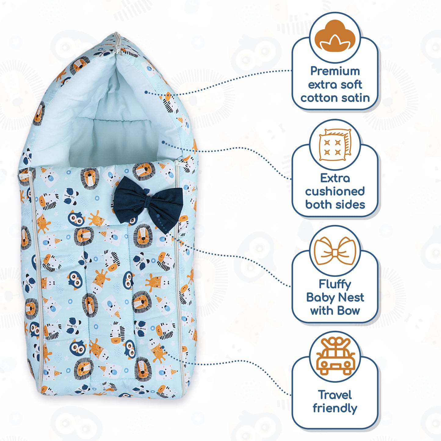 Polka Tots Baby Sleeping Nest Cotton Carry Pod Bedding for Newborn Sleeping Bag with a Bow - Lion print Blue