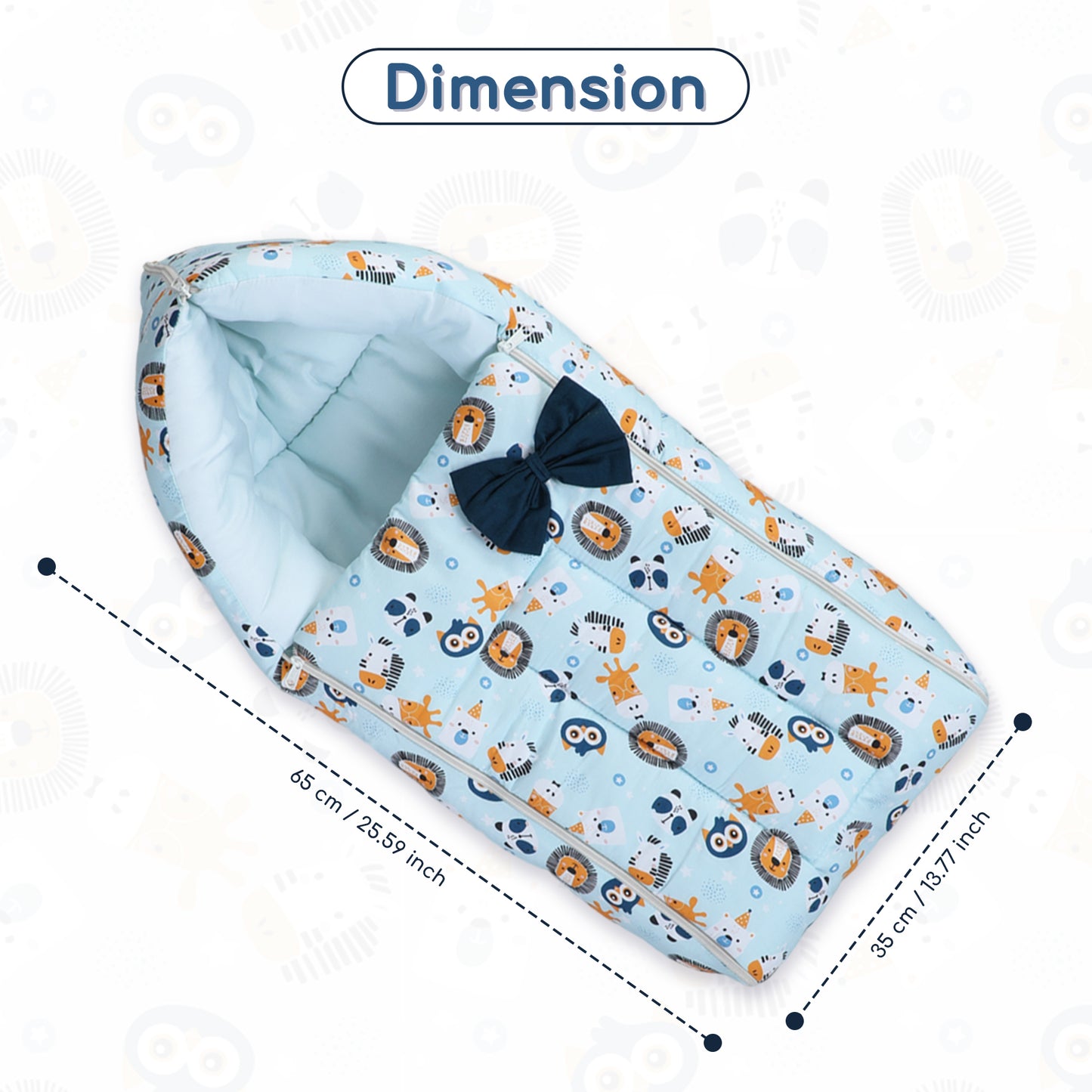 Polka Tots Baby Sleeping Nest Cotton Carry Pod Bedding for Newborn Sleeping Bag with a Bow - Lion print Blue