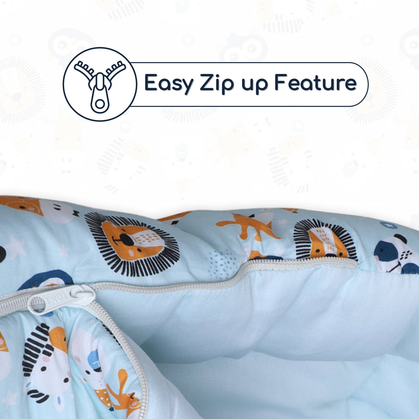 Polka Tots Baby Sleeping Nest Cotton Carry Pod Bedding for Newborn Sleeping Bag with a Bow - Lion print Blue