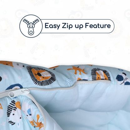 Polka Tots Baby Sleeping Nest Cotton Carry Pod Bedding for Newborn Sleeping Bag with a Bow - Lion print Blue