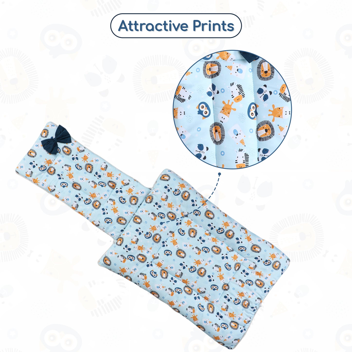 Polka Tots Baby Sleeping Nest Cotton Carry Pod Bedding for Newborn Sleeping Bag with a Bow - Lion print Blue