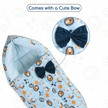 Polka Tots Baby Sleeping Nest Cotton Carry Pod Bedding for Newborn Sleeping Bag with a Bow - Lion print Blue