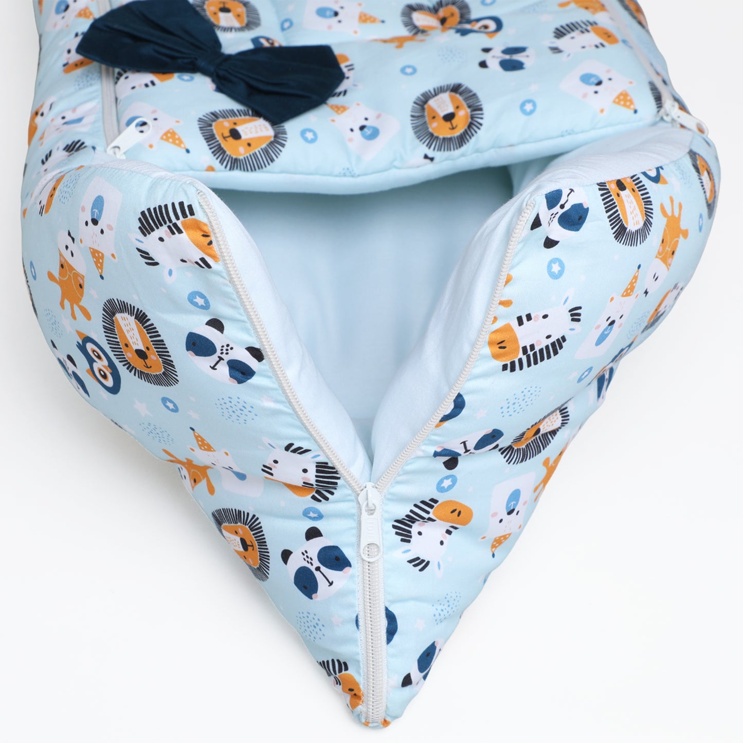 Polka Tots Baby Sleeping Nest Cotton Carry Pod Bedding for Newborn Sleeping Bag with a Bow - Lion print Blue