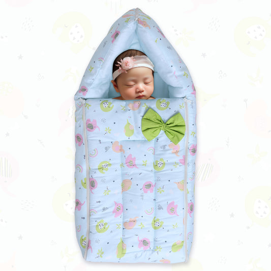 Polka Tots Baby Sleeping Nest Cotton Carry Pod Bedding for Newborn Sleeping Bag with a Bow -Elephant print Blue