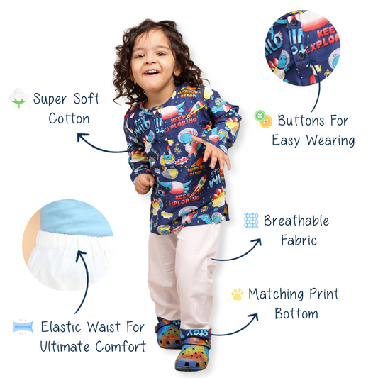 Polka Tots Space print Full Sleeve Night wear Kurta Pyjama - Blue