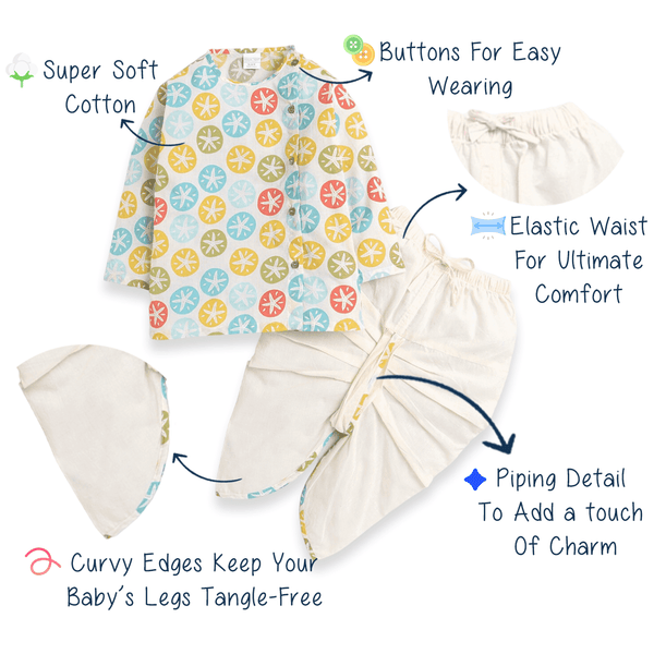 Polka Tots Full Sleeve Multi Color Star Print Angrakha Kurta With Piping Dhoti - Cream