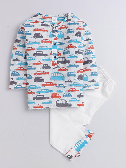 Polka Tots Car print Full sleeves Nightwear Kurta pyjama set - White