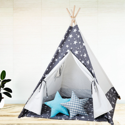 Kid’s Portable Teepee Tents with Cushion, Led Light and Non-Slip Padded Mat, Play Tent, Indoor & Outdoor Playhouse Tents for Childrens ( Star Grey )