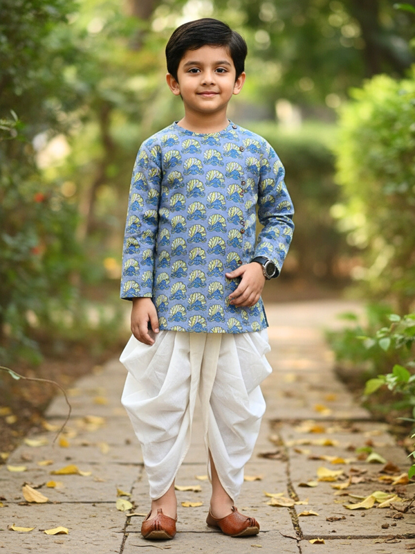 Polka Tots Cotton Full Sleeve Turban Print Angrakha Top With Dhoti - Blue