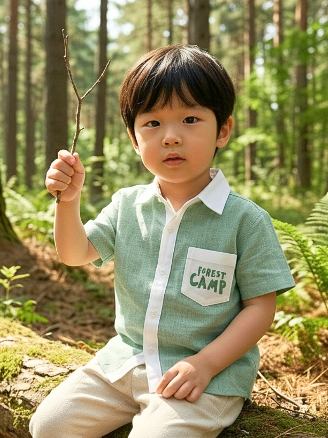 Child in a forest wearing a shirt with 'Forest Camp' text, holding a branch.