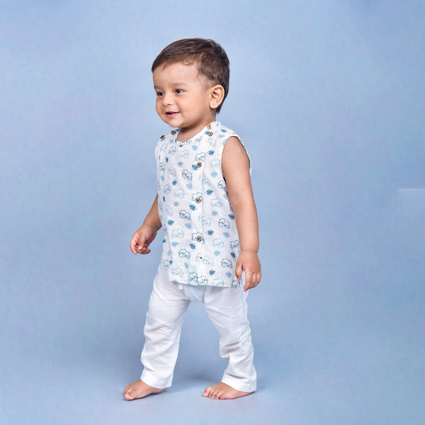 Polka Tots Elephant Print Sleeveless Jhabla and Pant Set - White & Blue