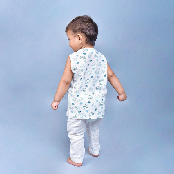 Polka Tots Elephant Print Sleeveless Jhabla and Pant Set - White & Blue