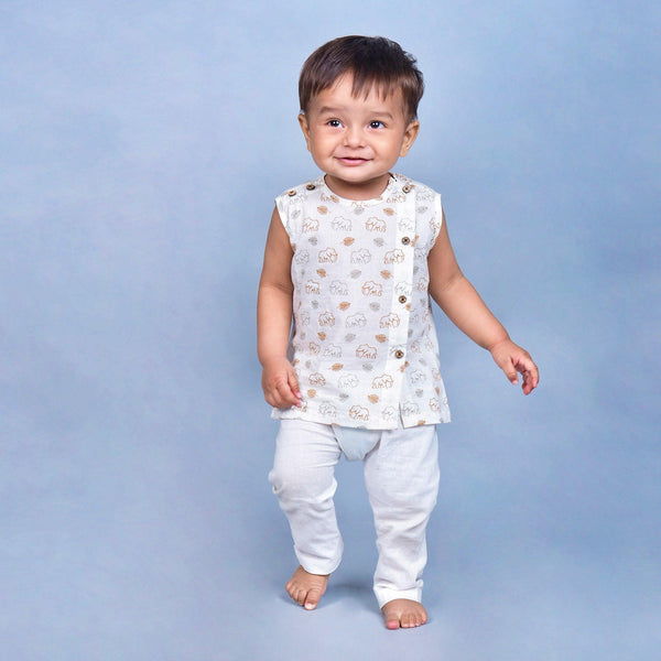 Polka Tots Elephant Print Sleeveless Jhabla and Pant Set - White & Mustard