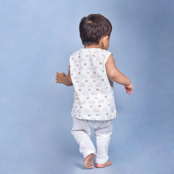Polka Tots Elephant Print Sleeveless Jhabla and Pant Set - White & Mustard