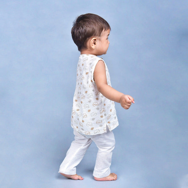 Polka Tots Elephant Print Sleeveless Jhabla and Pant Set - White & Mustard