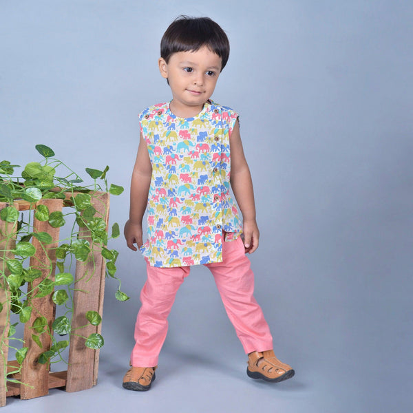 Polka Tots Elephant Print Sleeveless Jhabla and Pant Set - White & Purple