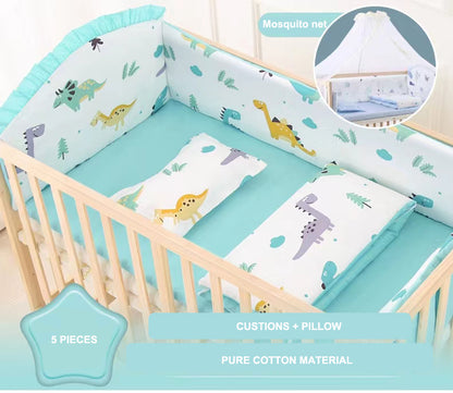 POLKA TOTS Elegant Wooden Rocking Cradle Baby Crib Cot / Kids Toddler Multifunctional Adjustable Bedding set with Mosquito net, Bumper Set, Pillow & Mat (Dino Bedding Set)