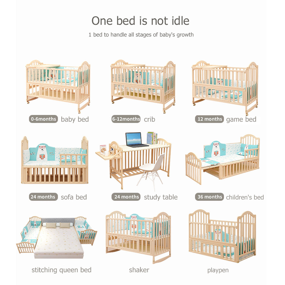 POLKA TOTS Elegant Wooden Rocking Cradle Baby Crib Cot / Kids Toddler Multifunctional Adjustable Bedding set with Mosquito net, Bumper Set, Pillow & Mat (Fruits Bedding Set)