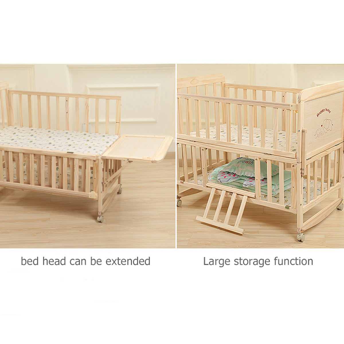 POLKA TOTS Elegant Wooden Rocking Cradle Baby Crib Cot / Kids Toddler Multifunctional Adjustable Bedding set with Mosquito net