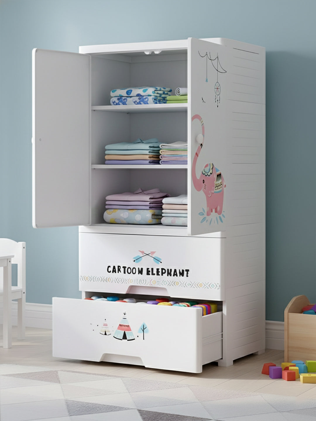 POLKA TOTS Wardrobe Storage Convertible/Collapsible Almirah Plastic Closet For Clothes (Cartoon Elephant)