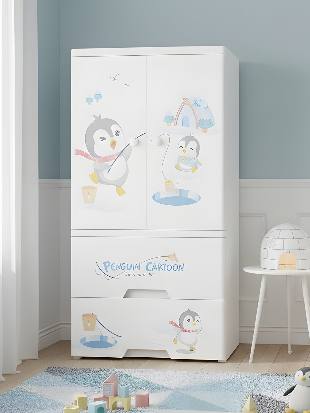 POLKA TOTS Wardrobe Storage Convertible/Collapsible Almirah Plastic Closet For Clothes (Cute Penguin)
