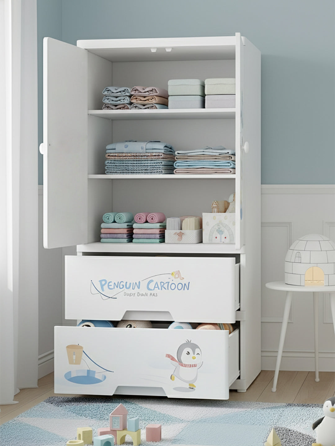 POLKA TOTS Wardrobe Storage Convertible/Collapsible Almirah Plastic Closet For Clothes (Cute Penguin)