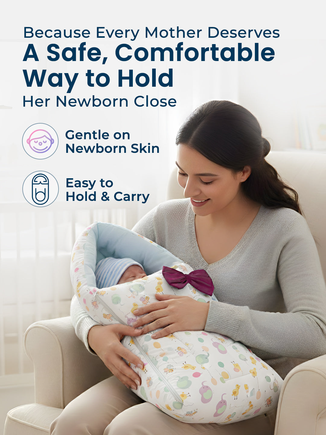 Woman holding a baby wrapped in a swaddle with promotional text about safety and comfort.