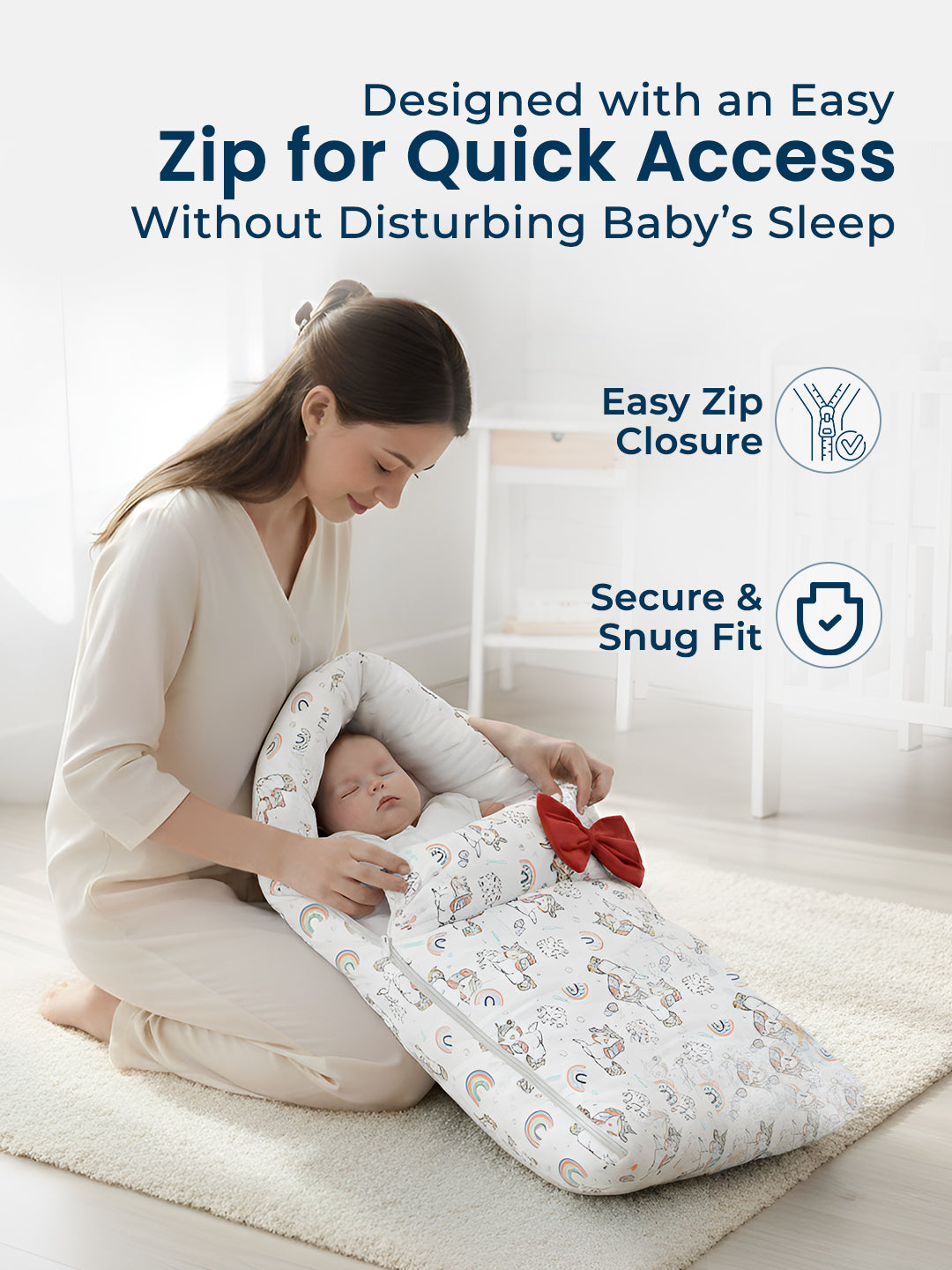 Woman opening a baby crib with text about easy zip closure and secure fit.