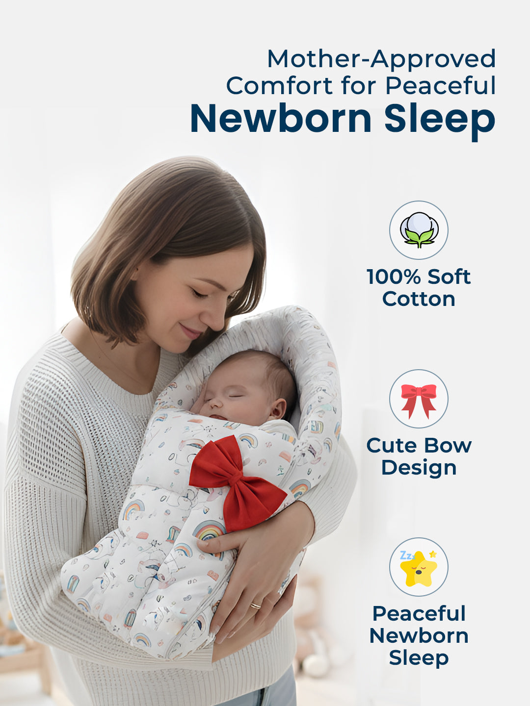 Woman holding a baby wrapped in a soft, patterned blanket with a red bow on a light background.