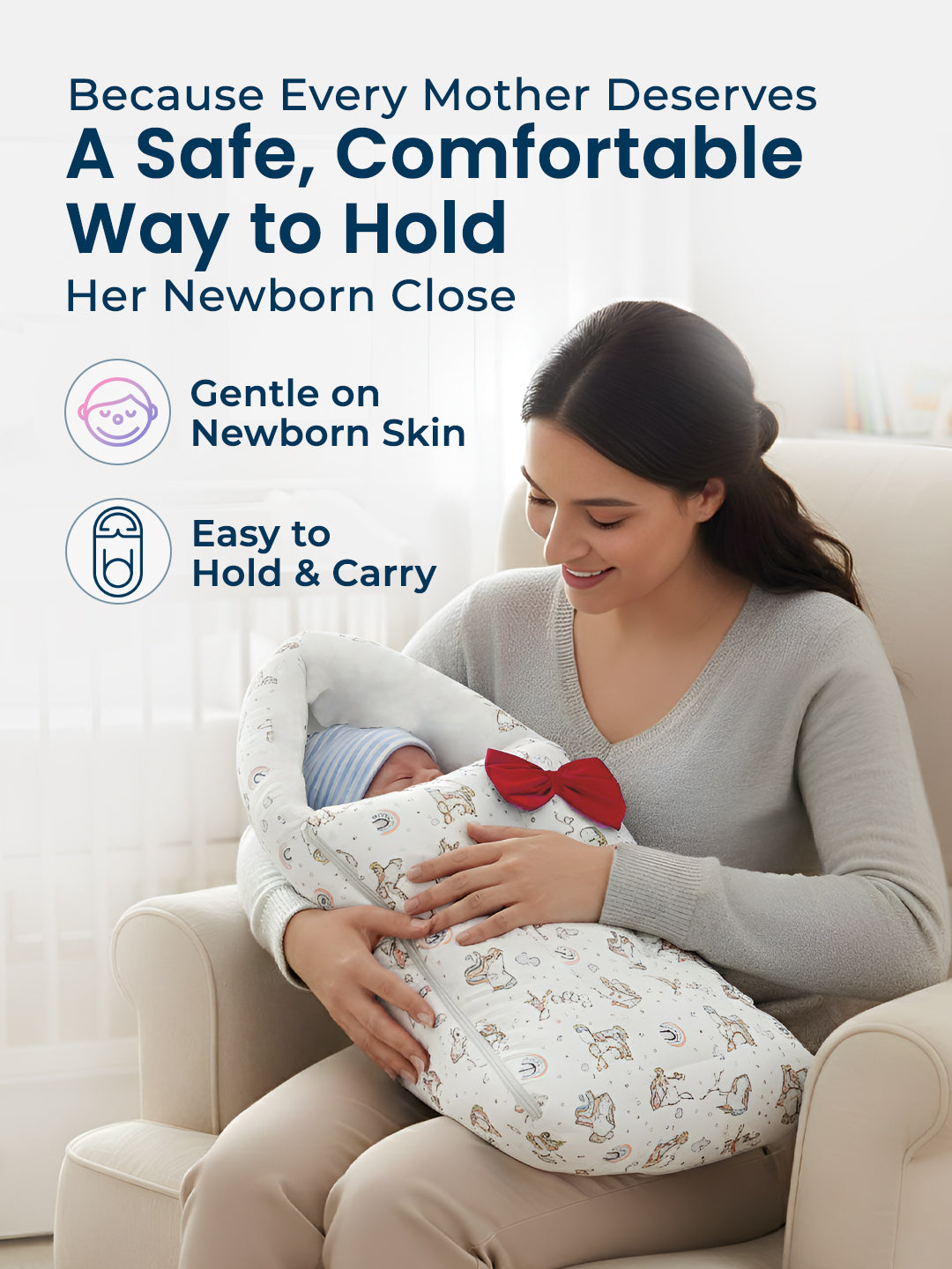 Woman holding a baby wrapped in a swaddle with promotional text about safety and comfort.