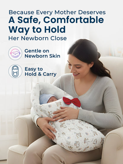 Woman holding a baby wrapped in a swaddle with promotional text about safety and comfort.