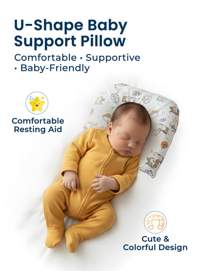 Baby lying on a U-shape baby support pillow with text highlighting its features.