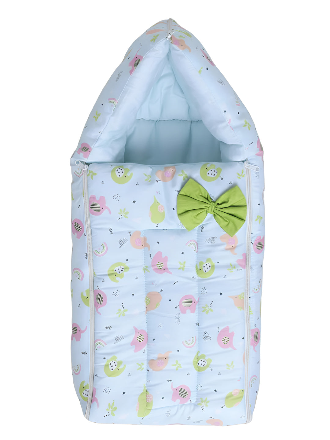 Baby sleeping bag with elephant pattern and green bow on a white background