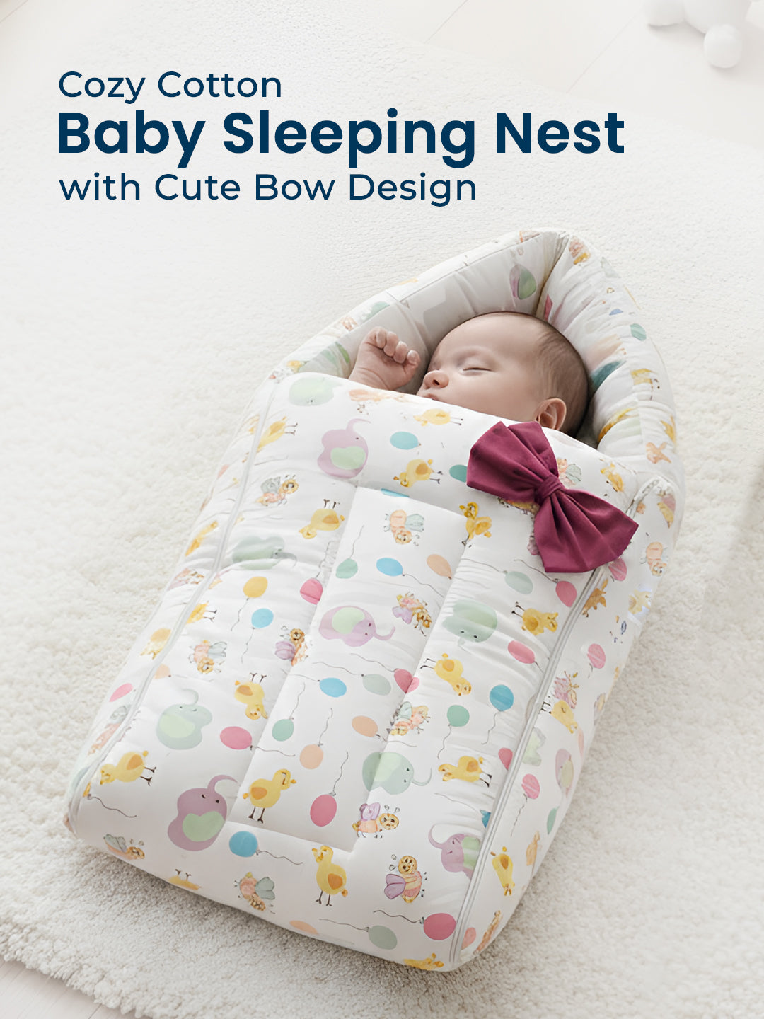Baby sleeping in a cozy cotton baby sleeping nest with a cute bow design on a white background.