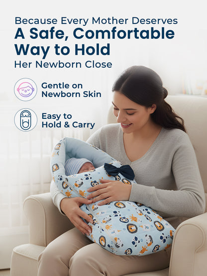 Woman holding a baby wrapped in a patterned swaddle on a couch, with text about safe and comfortable ways to hold newborns.