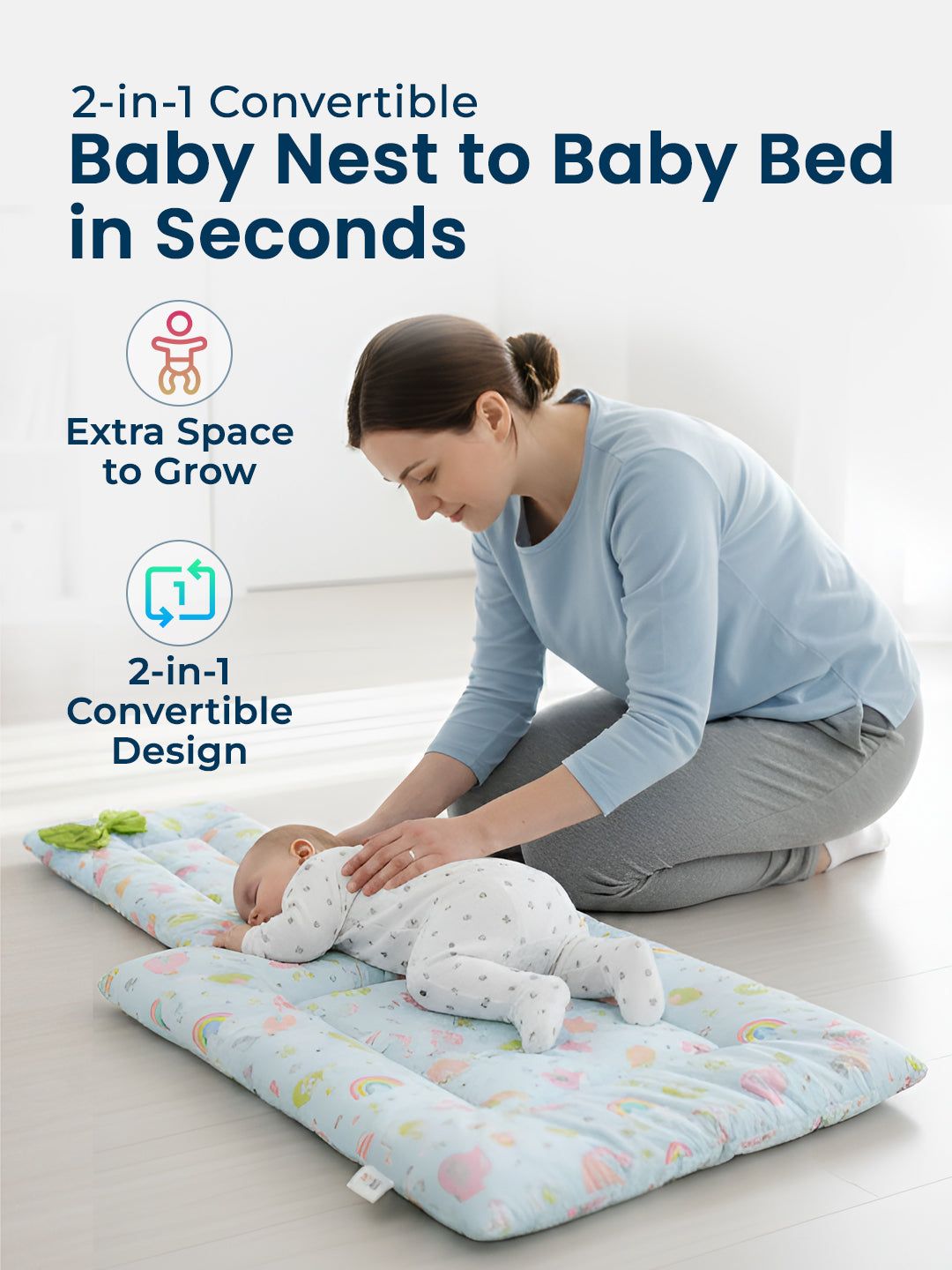 Woman adjusting a 2-in-1 convertible baby nest to baby bed with text highlighting features.