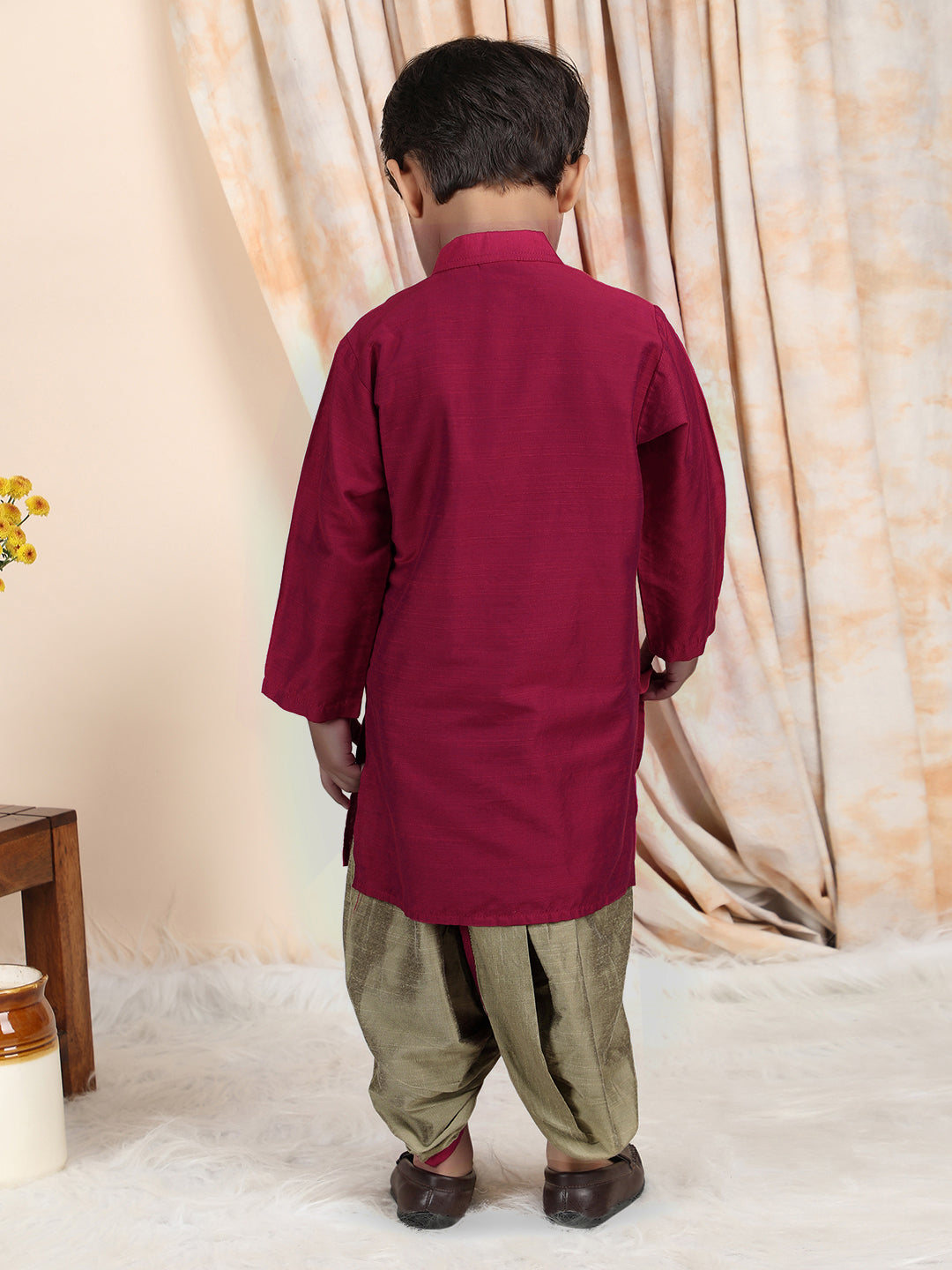Polka Tots Full Sleeve Solid Kurta with Dhoti Set with Contrast Pocket - Maroon